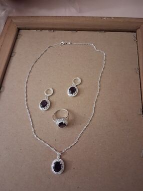 Sterling Silver Amethyst Pendant Necklace with Matching Ring & Earrings - Purple